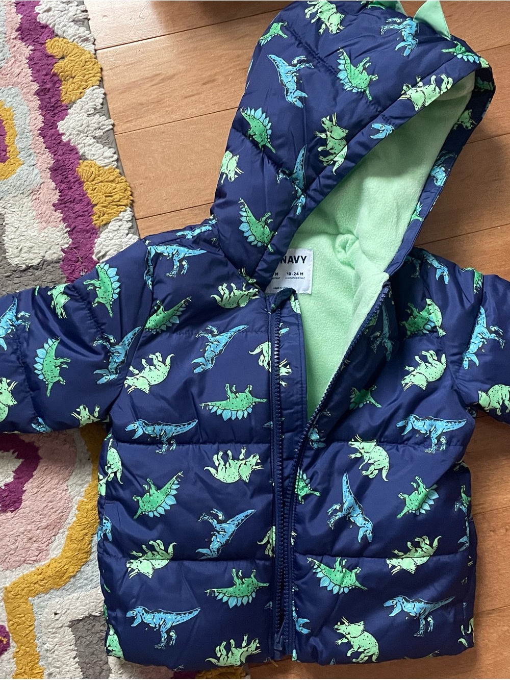 Old Navy Navy Puffer Jacket with Green Dinosaur Print